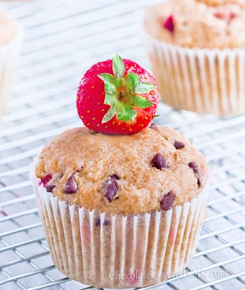 HEALTHY Strawberry Chocolate Chip Muffins: https://chocolatecoveredkatie.com/2013/06/07/strawberry-chocolate-chip-muffins-healthy-whole-grain/