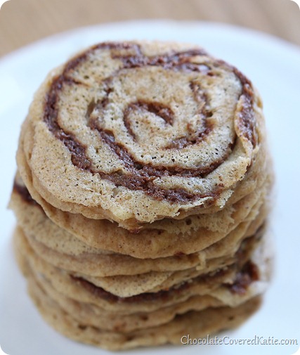 Cinnamon Bun Pancakes. Recipe: https://chocolatecoveredkatie.com/2014/01/24/cinnamon-roll-pancakes/