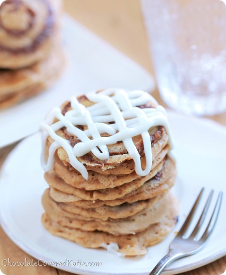 Cinnamon Roll Pancakes: https://chocolatecoveredkatie.com/2014/01/24/cinnamon-roll-pancakes/