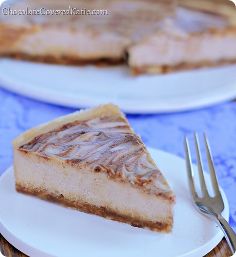 This velvety cheesecake literally MELTS in your mouth! And the best part is that it's secretly good for you! How to make it: https://chocolatecoveredkatie.com/2014/04/01/bake-cinnamon-swirl-cheesecake/