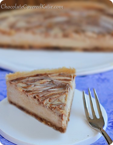 This velvety cheesecake literally MELTS in your mouth! And the best part is that it's secretly good for you - no sugar, no butter, no flour. How to make it: https://chocolatecoveredkatie.com/2014/04/01/bake-cinnamon-swirl-cheesecake/