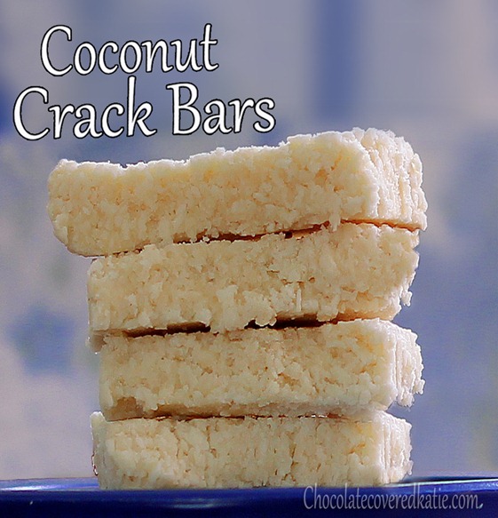 COCONUT CRACK BARS - 1 cup shredded coconut, 1/2 tsp vanilla extract, 1/8 tsp salt, 1/4 cup... Full recipe: https://chocolatecoveredkatie.com/2012/08/30/no-bake-coconut-crack-bars/ @choccoveredkt 
