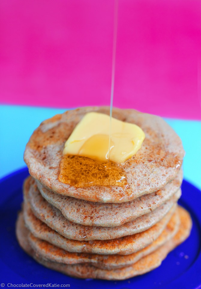 Irresistibly light & fluffy pancakes - You can have eight pancakes for under 200 calories. See the recipe here: https://chocolatecoveredkatie.com/2015/02/17/fatcake-pancakes/