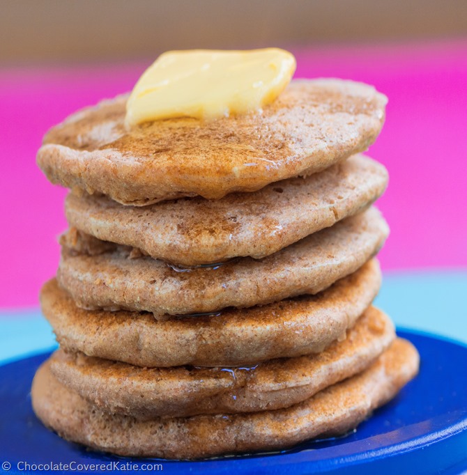 Irresistibly light & fluffy... You can eat eight pancakes for under 200 calories. See the full recipe here: https://chocolatecoveredkatie.com/2015/02/17/fatcake-pancakes/