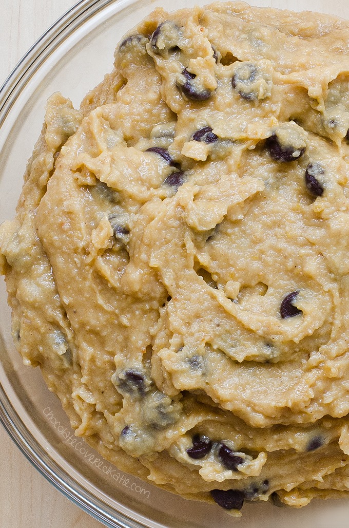 Raw Cookie Dough Recipe - Ingredients: 1/2 cup quick oats, 1/3 cup chocolate chips, 2 tsp vanilla extract, 1/4 cup ... Full recipe: https://chocolatecoveredkatie.com/2016/07/11/raw-cookie-dough-recipe/