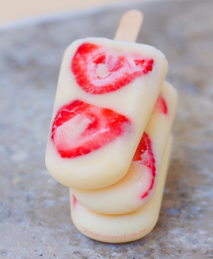 Frozen Yogurt Pops - Just 3 ingredients, & endless flavor possibilities! Easy, kid-friendly, healthy snack... Full recipe: https://chocolatecoveredkatie.com @choccoveredkt