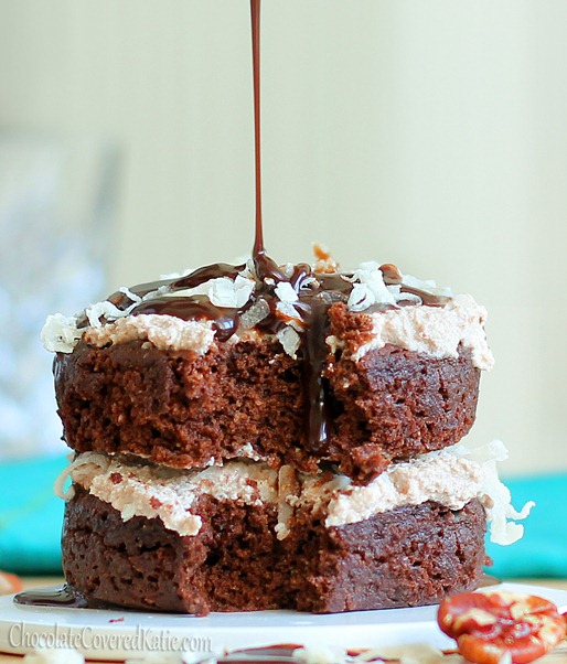 GERMAN CHOCOLATE MUG CAKE - single-serving, can be made in the microwave, secretly healthy & can be oil-free. Recipe here:  https://chocolatecoveredkatie.com/2012/11/28/german-chocolate-cake-for-one/