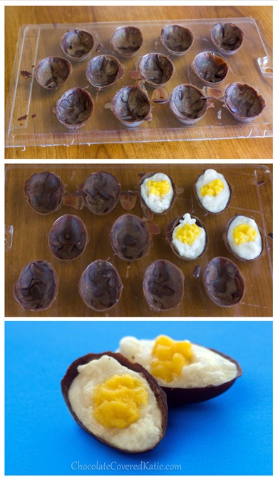 Homemade Cadbury Crème Eggs that can be made without any sugar, corn syrup, or artificial colors or additives. Instructions here: https://chocolatecoveredkatie.com/2013/03/20/healthy-cadbury-creme-eggs/