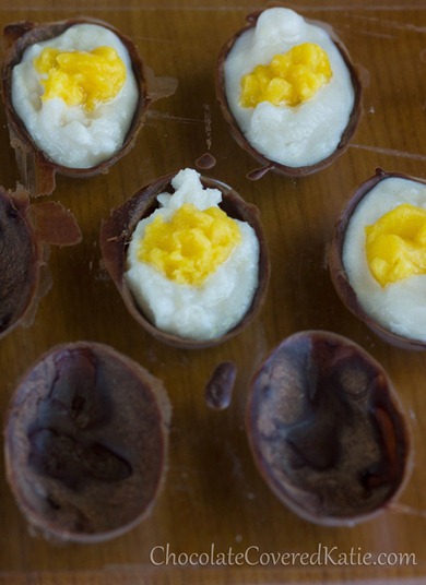 Homemade Cadbury Crème Eggs recipe that doesn't use sugar, corn syrup, or artificial colors or additives. Instructions here: https://chocolatecoveredkatie.com/2013/03/20/healthy-cadbury-creme-eggs/ 