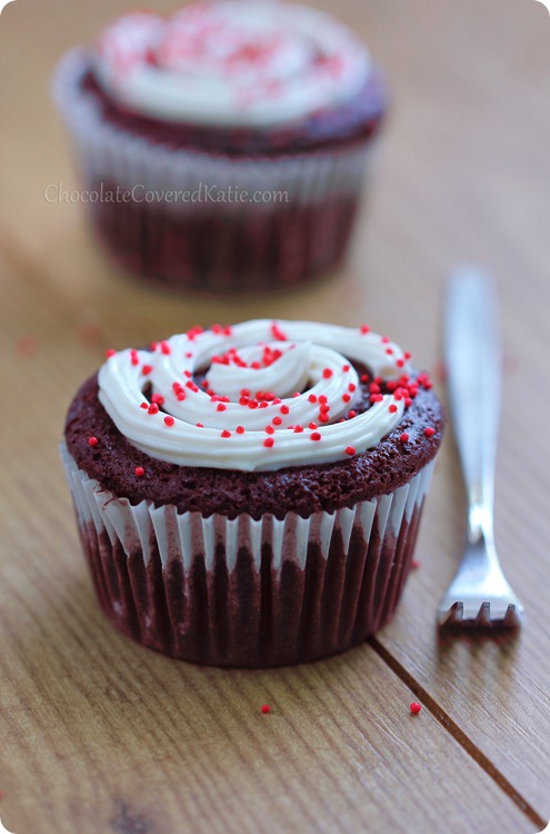 Secretly healthy cream cheese frosting + rich and chocolatey red velvet cupcakes that require no food coloring to achieve their trademark color. With all natural ingredients, they're also much lower in sugar than your traditional red velvet cupcake. Full recipe here: https://chocolatecoveredkatie.com/2013/09/09/healthy-red-velvet-cupcakes-vegan/