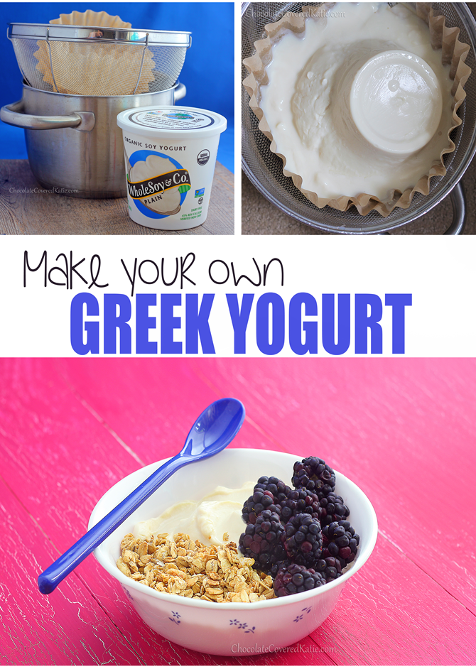 Learn how to make Greek yogurt at home - with just one ingredient and no yogurt starter or fancy machines: https://chocolatecoveredkatie.com/2015/02/15/how-to-make-greek-yogurt-homemade/