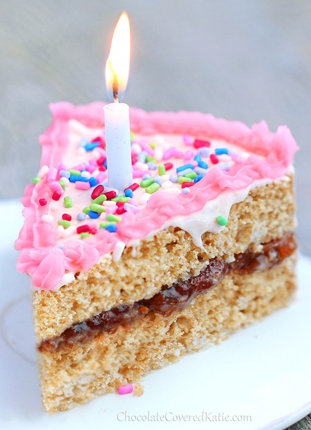 Healthy Birthday Cake! It holds its own against any boxed cake mix, with none of the sugar or artificial ingredients: https://chocolatecoveredkatie.com/2013/06/12/healthy-cake-recipe/
