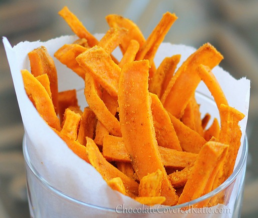 The secret to crispy baked sweet potato fries? Soak them in water for an hour… it really works! – @choccoveredkt… Full recipe: https://chocolatecoveredkatie.com/2013/02/25/crispy-homemade-sweet-potato-fries/ 