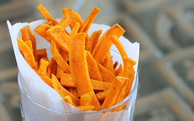 The secret to crispy baked sweet potato fries? Soak them in water for an hour… it really works! – @choccoveredkt… Full recipe: https://chocolatecoveredkatie.com/2013/02/25/crispy-homemade-sweet-potato-fries/ 