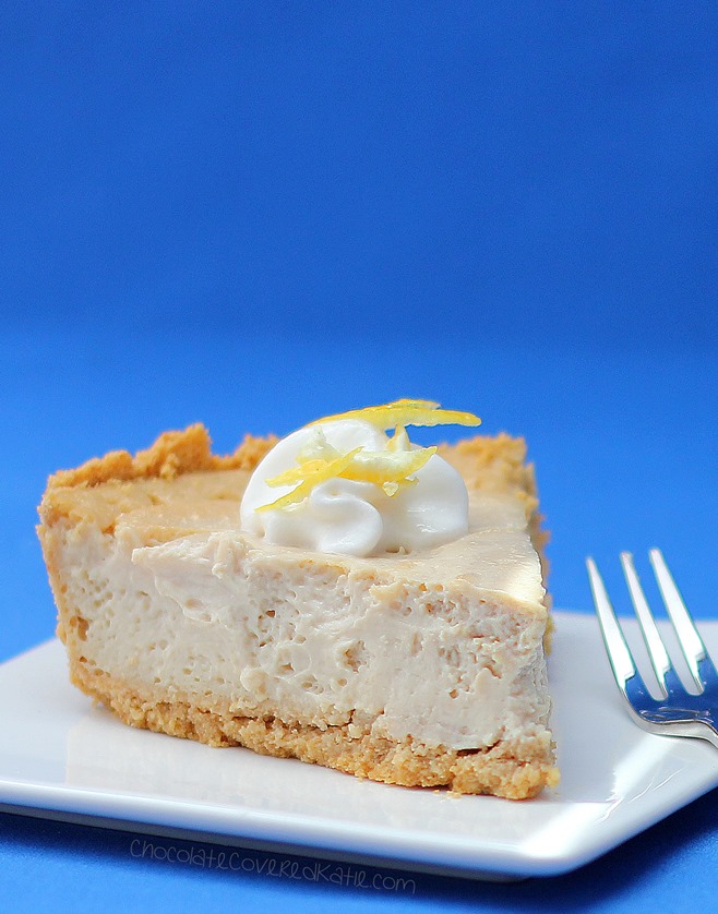 LEMON CLOUD CHEESECAKE - Secretly low-fat, gluten-free, vegan, and nut-free! The texture is amazing! Recipe link: https://chocolatecoveredkatie.com/2015/05/26/lemon-cloud-cheesecake/