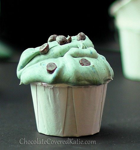 A good-for-you frosting that can be used on cupcakes or cookies or can be eaten by itself, with NO shortening, no heavy cream, no butter, and no sugar needed. Recipe here: https://chocolatecoveredkatie.com/2013/03/06/mint-chocolate-chip-frosting-shots/