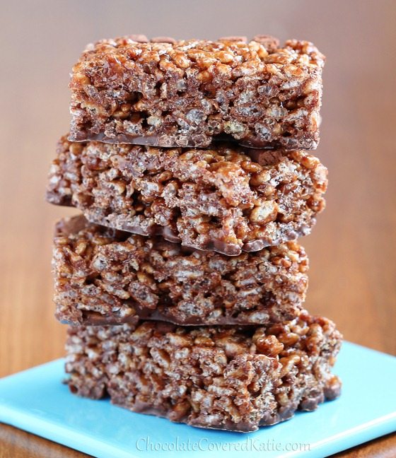 6 Ingredient Nutella Rice Crispy Treats: https://chocolatecoveredkatie.com/2013/04/09/healthy-chocolate-nutella-rice-crispy-treats/