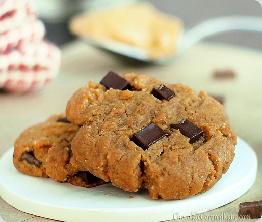 Peanut butter chocolate chip gingerbread christmas cookies! https://chocolatecoveredkatie.com/2012/12/11/peanut-butter-gingerbread-chocolate-chunk-cookies/