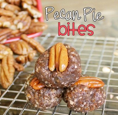 (No bake) Pecan Pie Cookie Dough Balls you can make in minutes. https://chocolatecoveredkatie.com/2012/12/16/pecan-pie-cookie-dough-balls/