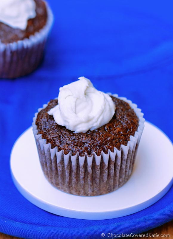 Secretly healthy chocolate cupcakes that can be sugar-free and oil-free. Under 100 calories per rich chocolate cupcake, including the peppermint cream filling: https://chocolatecoveredkatie.com/2014/12/30/peppermint-hot-chocolate-cupcakes/