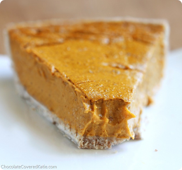 Commenters have called this the "creamiest pumpkin pie you'll ever eat" https://chocolatecoveredkatie.com/2013/11/04/healthy-pumpkin-pie-recipe/