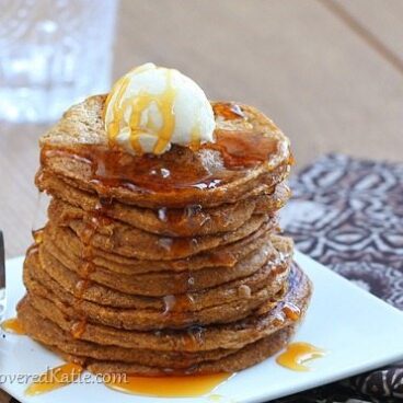 Sixteen fat, fluffy, irresistible pumpkin pancakes from @choccoveredkt… for less than 250 calories! Recipe: https://chocolatecoveredkatie.com/2013/11/17/pumpkin-pancakes/