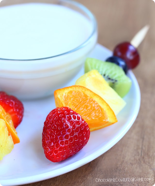 Rainbow fruit kabobs from @choccoveredkt. Easy to make & kid-friendly snack. https://chocolatecoveredkatie.com/2015/05/15/rainbow-fruit-kabobs/