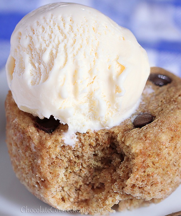 Chocolate Chip Cookie Mug Cake - 1/2 cup flour, 2 tbsp chocolate chips, 1 tsp baking powder, 1 tsp vanilla, 1/2 tsp... Full Recipe: https://chocolatecoveredkatie.com/2013/05/13/single-serving-chocolate-chip-cake-in-a-mug/ @choccoveredkt