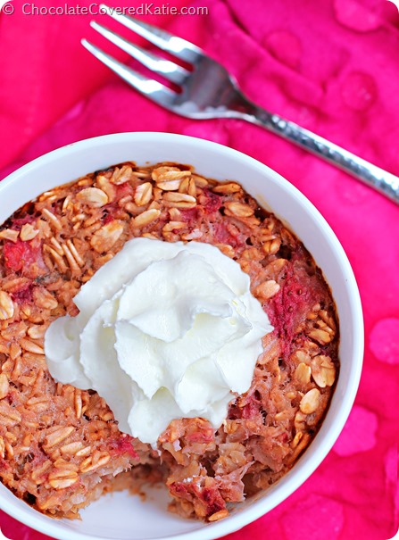 Strawberry Shortcake Baked Oatmeal: https://chocolatecoveredkatie.com/2014/08/19/strawberry-shortcake-baked-oatmeal/