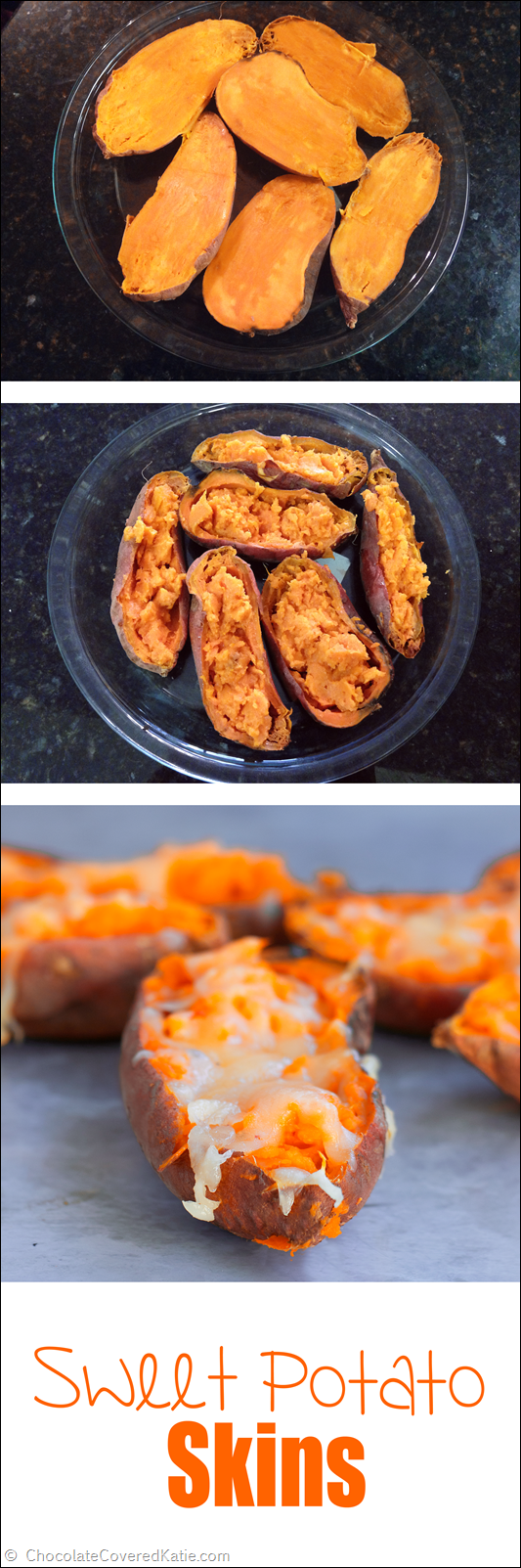 Irresistibly cheesy, addictively crispy, and secretly healthy, they are the perfect comfort food party appetizer. Really easy and quick to make: https://chocolatecoveredkatie.com/2015/01/22/loaded-baked-sweet-potato-skins/ 