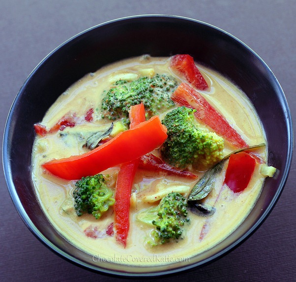Thai Coconut & Peanut Butter Curry - in a thick and luxurious coconut sauce. https://chocolatecoveredkatie.com/2013/03/25/thai-coconut-peanut-butter-curry/