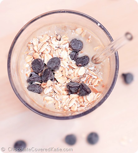 low-calorie + 19-20 grams of protein in a single serving. Full recipe here: https://chocolatecoveredkatie.com/2014/08/04/cookie-dough-protein-shake/