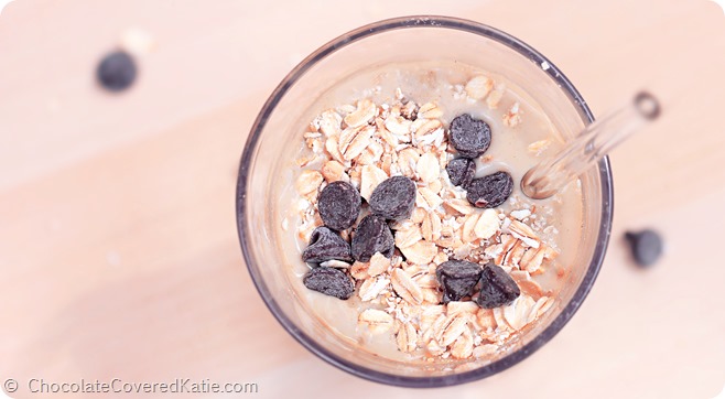 Chocolate Chip Cookie Dough Protein Shake: https://chocolatecoveredkatie.com/2014/08/04/cookie-dough-protein-shake/