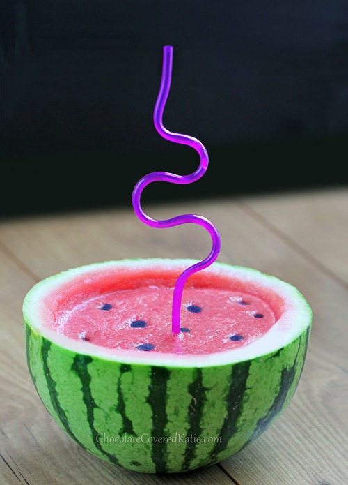 Watermelon Smoothie - inside a watermelon https://chocolatecoveredkatie.com/2013/08/01/watermelon-drink/