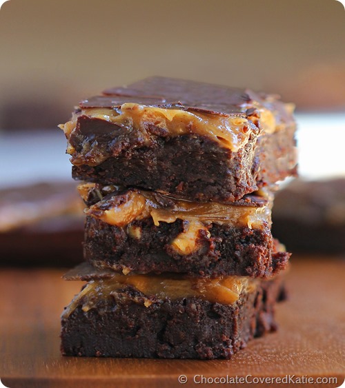 Thick, fudgy, peanut buttery brownies from scratch... you'll never go back to boxed brownie mix again. These are that good! Recipe here: https://chocolatecoveredkatie.com/2014/07/17/chocolate-peanut-butter-buckeye-brownies/