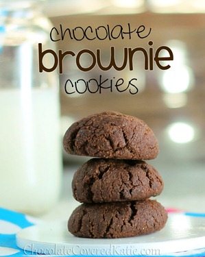 Dark, chocolatey, gooey, cakey, chewy brownie cookies… It's like eating a fudge brownie and a chocolate-chip cookie at the exact same time. For any chocolate lover, these are a MUST-TRY! https://chocolatecoveredkatie.com/2012/12/04/double-chocolate-chip-brownie-cookies/