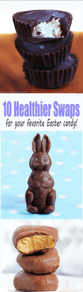 Includes healthier alternatives to Hershey's marshmallow eggs, Russell Stover chocolates, Peeps, Reeses, Cadbury Cremes, and many more healthy ways to satisfy all of your Easter candy cravings: http://chocolatecoveredkatie.com/2015/03/30/10-healthier-swaps-for-all-your-favorite-easter-candy/