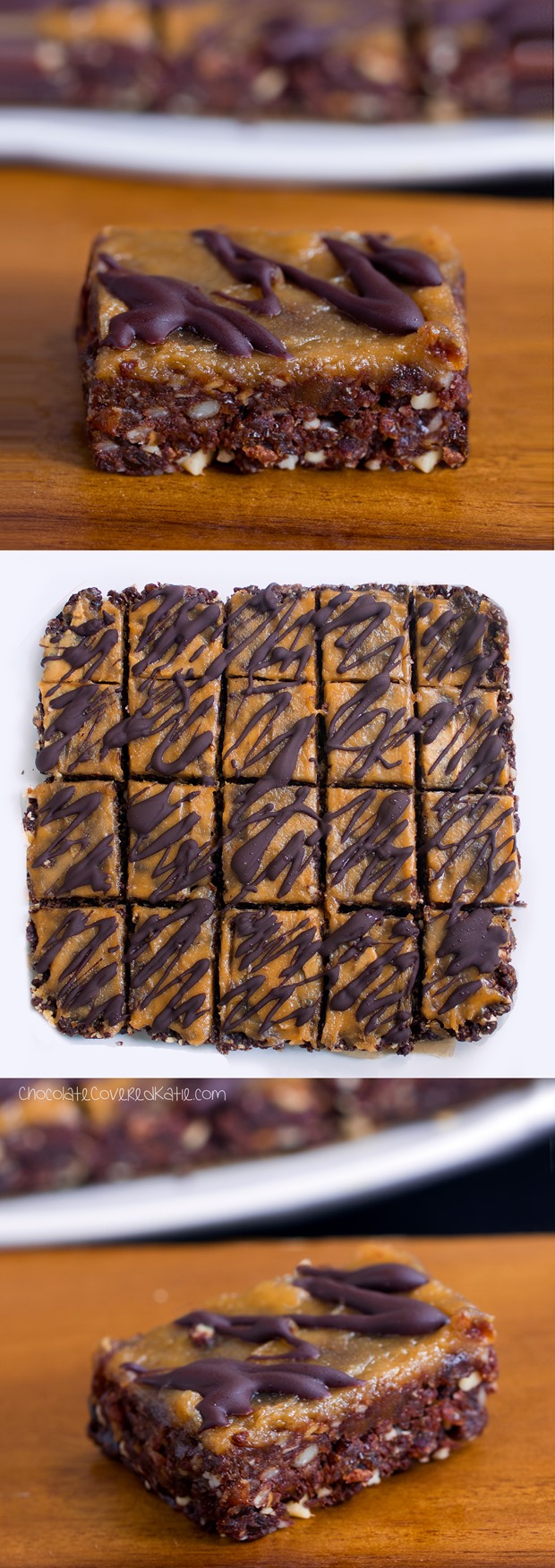 Secretly healthy brownie bars - from @choccoveredkt... oil-free, sugar-free, raw, #vegan, paleo, & gluten-free. Full recipe: https://chocolatecoveredkatie.com/2015/06/01/no-bake-chocolate-peanut-butter-brownie-bars/