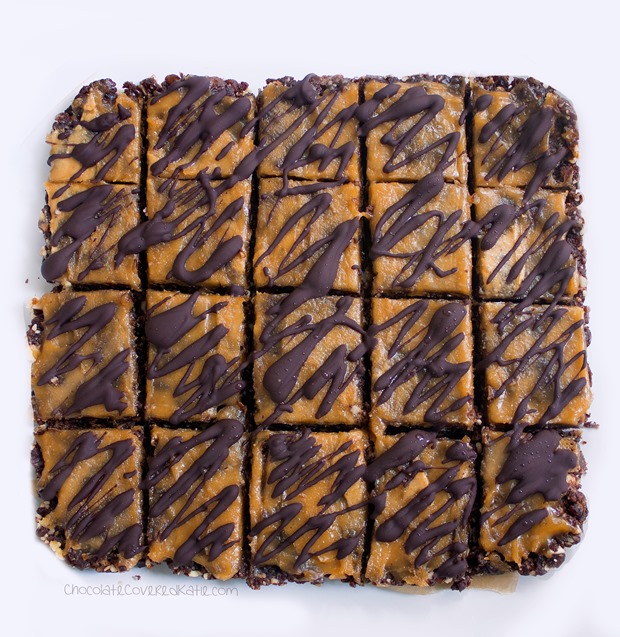 Secretly healthy brownie bars - from @choccoveredkt... oil-free, sugar-free, raw, #vegan, paleo, & gluten-free. Full recipe: https://chocolatecoveredkatie.com/2015/06/01/no-bake-chocolate-peanut-butter-brownie-bars/