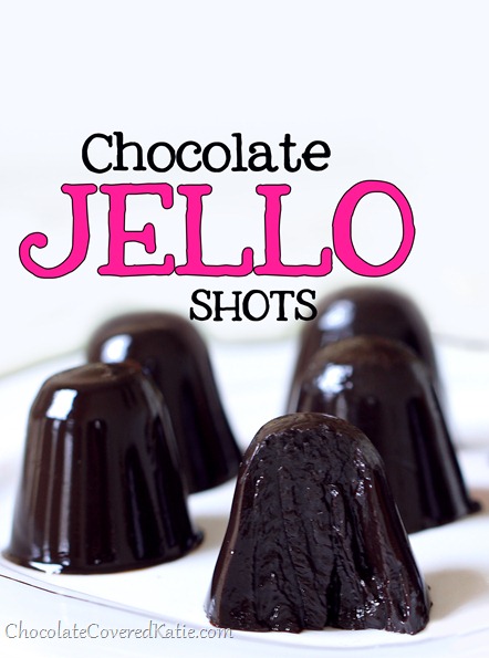 Chocolate jell-o shots (a perfect dessert to bring to parties) https://chocolatecoveredkatie.com/2013/12/05/chocolate-jello-shots/