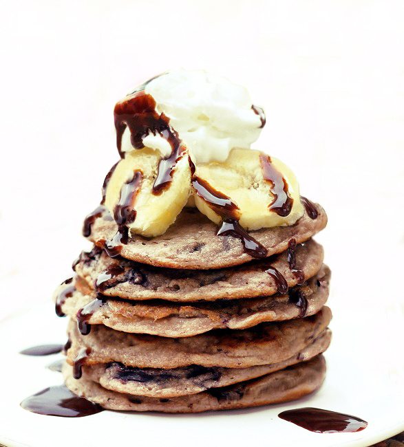 Like eating dessert for breakfast... & less than 200 calories for the entire stack of pancakes! Recipe here: https://chocolatecoveredkatie.com/2012/05/09/banana-split-pancakes-for-one/